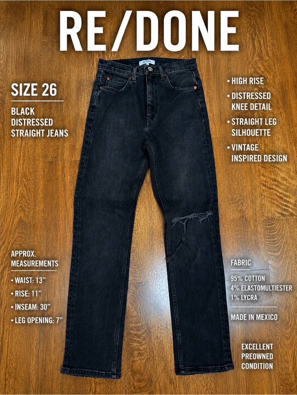 RE/DONE Black Distressed Straight Leg Jeans Size 26 High Rise Denim